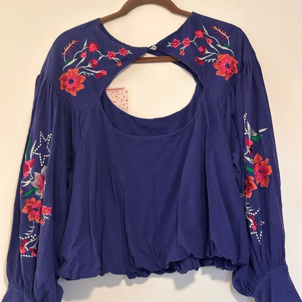 Free People Lita Embroidered Top Blue - Large - Picture 10 of 11